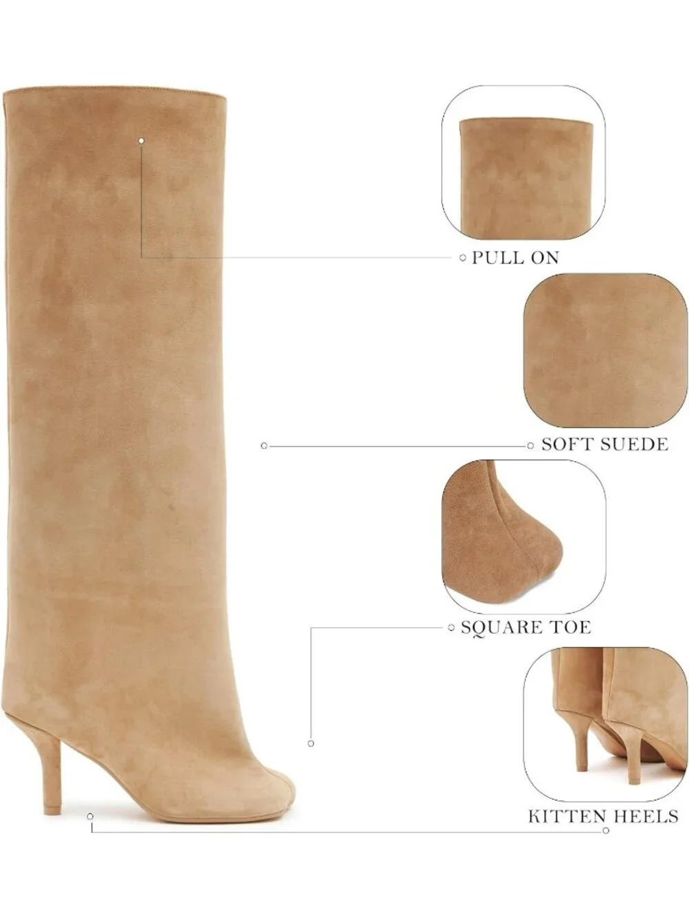 Women's Nude Faux Suede Square Knee High Toe Stiletto Heel Wide Calf Tall Boots - Picture 4 of 5